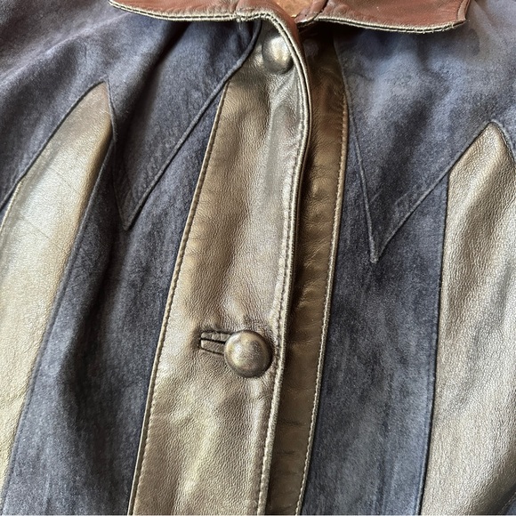 VINTAGE LEATHER SUEDE STRIPED TRENCH COAT LONG JACKET WESTERN BIKER UNISEX M L - Picture 4 of 11